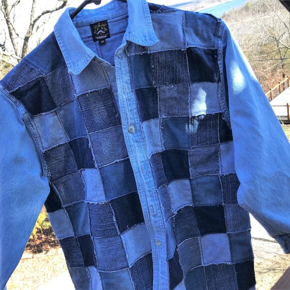 Table Rock Lake Map Patchwork Denim Jacket, Men M: Upcycled Handmade Distressed - Picture 2 of 10